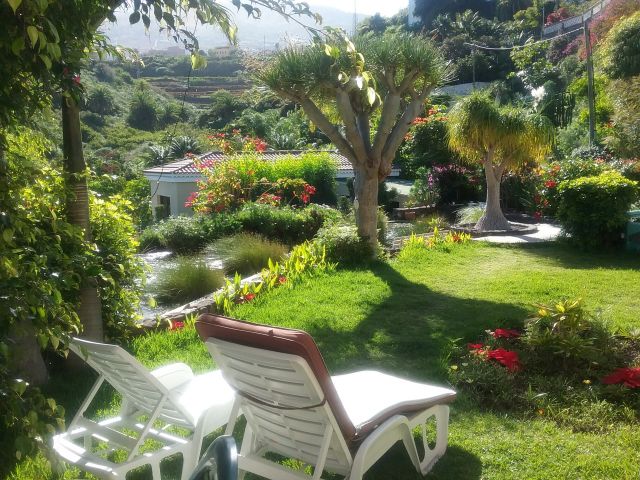 Bereit fürs Sonnenbad im schönen gepflegten tropischen Garten