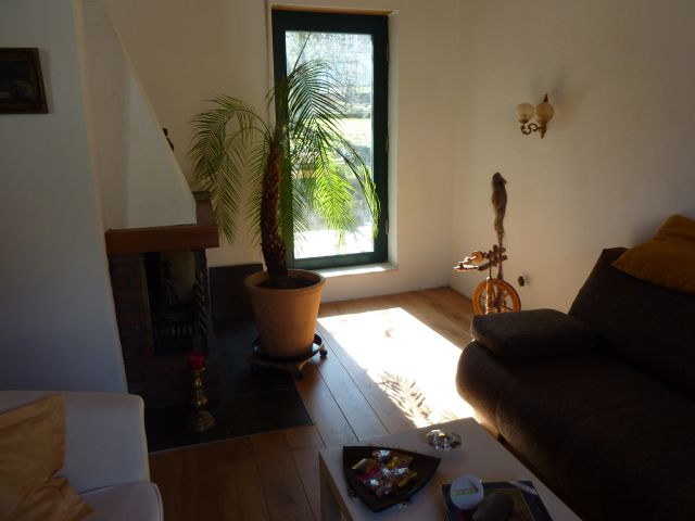 Blick von Kaminecke im Wohnzimmer auf Terrasse und Garten